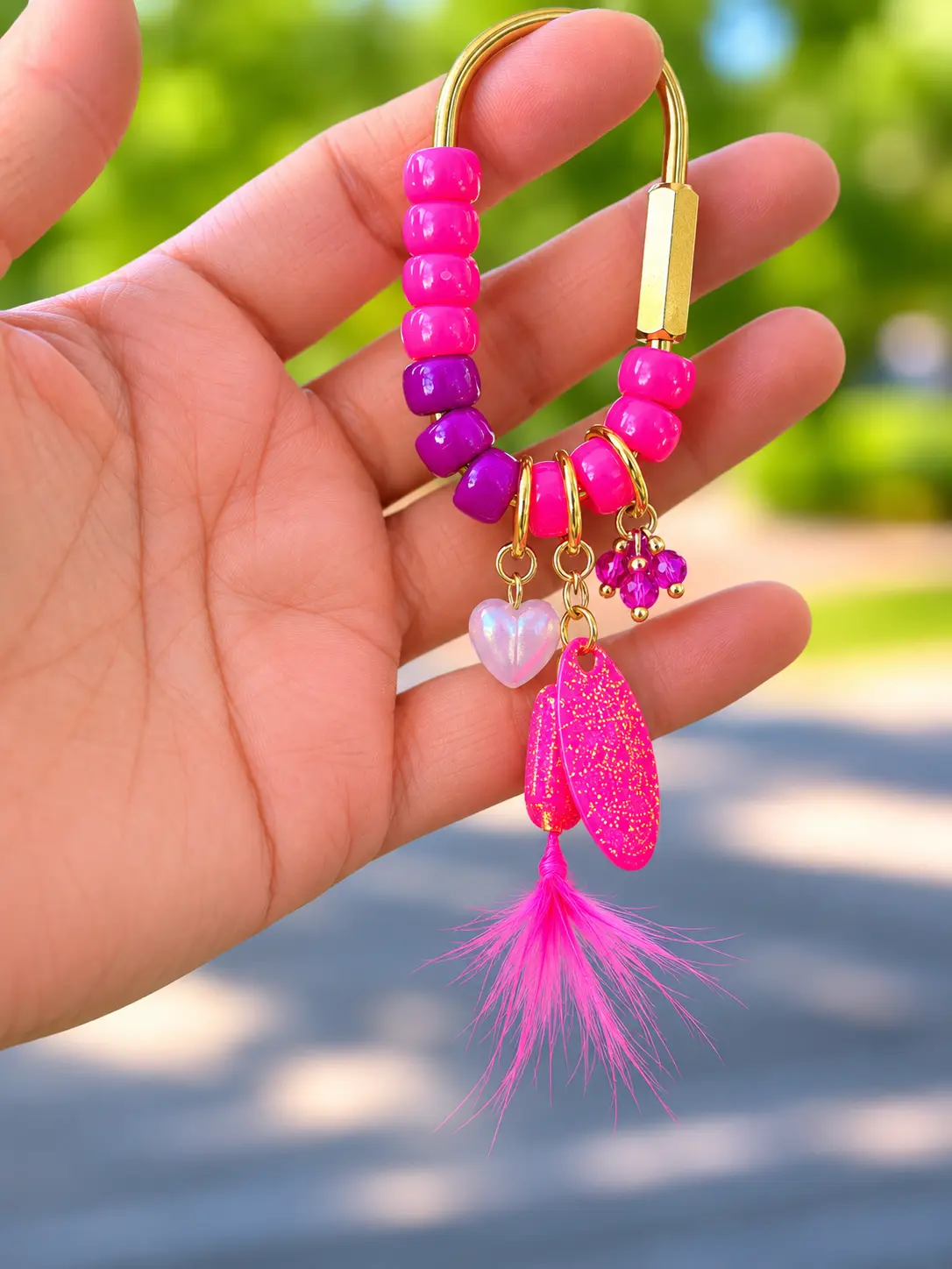 Hot Pink Beaded Fishing Lure Carabiner Bag Charm