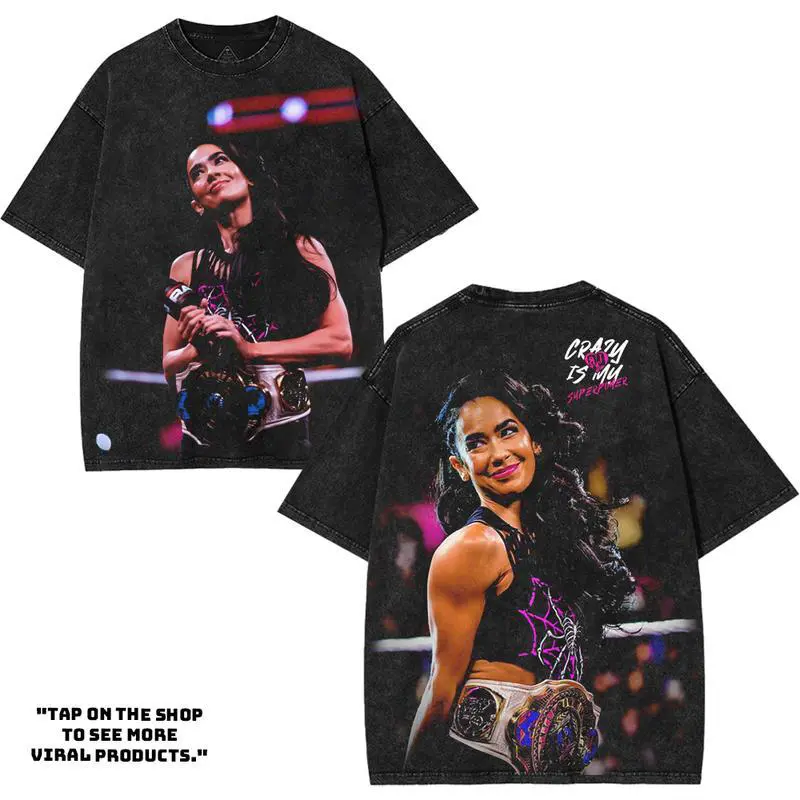 AJ Lee – Crazy Is My Superpower - WWE4U Edition Double Printed Oversize Lightweight Acid Washed Tee Vintage WWE Fans TV Series Graphic Design Top Cotton Wrestling Streetwear T-Shirt Clothes Menswear Womenswear.