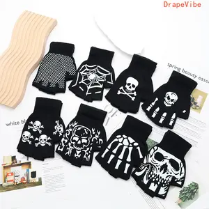 Acrylic Knit Skull Half Finger Gloves, Warm Fingerless Handwear For Cycling And Daily Outdoor Activities