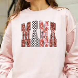 Valentines Mama Pink Graphic Sweatshirt Checkerboard Heart Leopard Print Retro Mama Heart Pullover Casual Womens Crewneck Sublimation Shirt