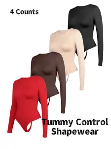 Women's Solid Round Neck Long Sleeve Fitted Shapewear Bodysuit, Casual Comfy Tummy Control Butt Lifting Shaper, Ladies Shapewear for All Seasons