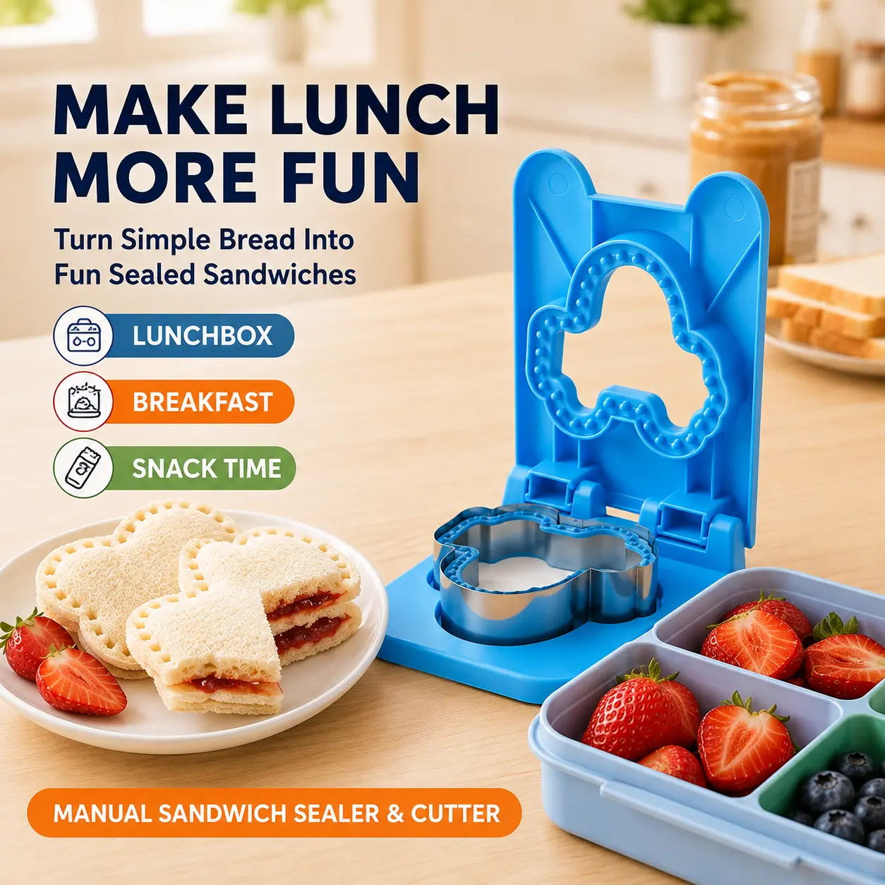 3 IN 1 Manual Sandwich Sealer Cutter Press Mold, Food Grade PP & 430 Stainless Steel Bread Decruster, DIY Bento Lunchbox Sandwich Maker for Kids Breakfast Snack