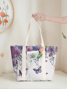 Floral Butterfly Print Large Capacity Tote Bag, Casual Commuter Shoulder Backpack with Zipper Closure, Ideal for Gym Beach Work Travel