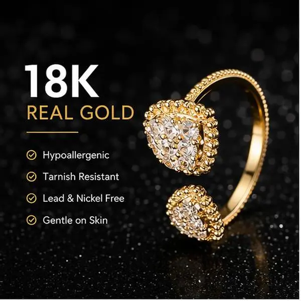 18K Gold Plated Classic Open Adjustable Diamond Ring – Drop Design, Cushion Cut Lab-Created Moissanite Anniversary Statement Band engagement wedding multi cz elegant ruby dark aesthetic rope aprilery new men unisex woman beautiful stainless steel life