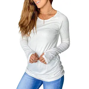 Women's Thumb Hole T-Shirt Long Sleeve Crew Neck Plain Shirts Casual Ruched Tee Tops