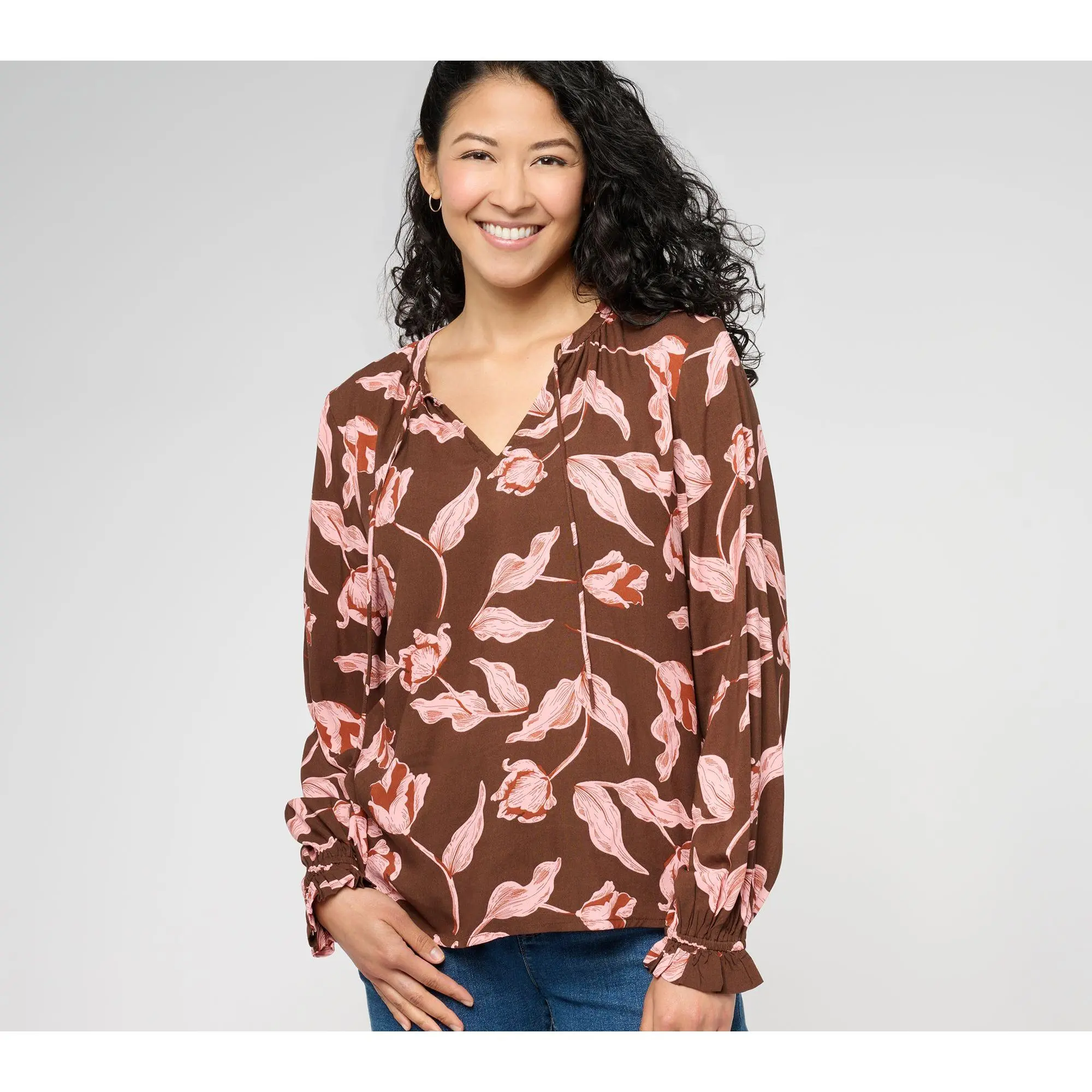 AnyBody Printed Long-Sleeve Split-Neck Pullover Blouse