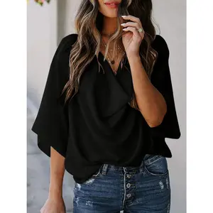 Full Size Cowl Neck Three-Quarter Sleeve Blouse