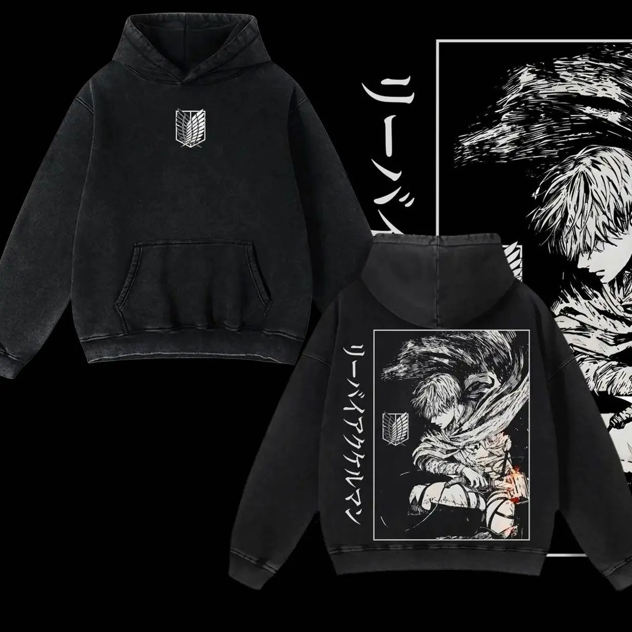 Levi Ackerman Anime Hoodie – Retro Vintage Oversized Washed Heavyweight Cotton Hoodie, Attack on Titan Merch, Levi Ackerman Graphic Tees, Anime Fans JPG VPB X9X