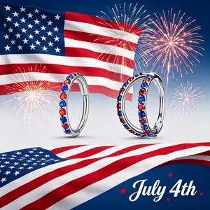OUFER 20G July 4th Patriotic AAAAA+ Grade CZ Theme Nostril Piercing Nose Hoop Ring 316L Stainless Steel 6mm-8mm