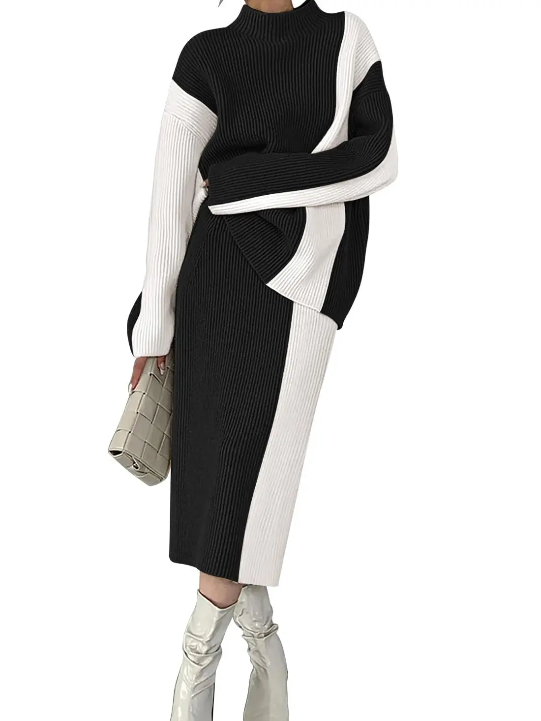 Women’s Oversized Sweater & Skirt Set – 2025 Fall Winter Knit Outfit with Color Block Design