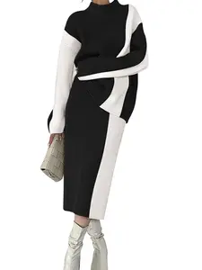 Women’s Oversized Sweater & Skirt Set – 2025 Fall Winter Knit Outfit with Color Block Design