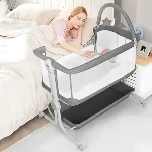 Baby Bassinet 4-Sided Mesh Bedside Sleeper with Wheels for Infant/Newborn Foldable Adjustable Height Portable Bedside Crib(Grey)