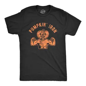Mens Pumpkin Iron T Shirt Funny Halloween Workout Fitness Jack-O-Lantern Graphic Tee Mens Funny T Shirts Cool Vintage Fashion T-Shirt Gift Classic Menswear Halloween Apparel for Men Funny Fitness Short Sleeve Black