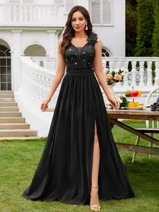 MIUSOL 24451A Sequin Floral Lace Sweetheart Neck Sleeveless Ruched Chiffon Split Thigh Formal Party Maxi Dress,Formal Evening Gown, For Wedding Guest, Graduation, Dinner