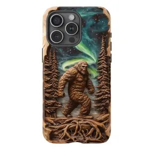 Bigfoot Aurora Borealis Phone Case - 3D Wood Carved illusion Print - Sasquatch Forest Art with Northern Lights - Dual Layer Shockproof & scratch-resistant Tough Case for iPhone 11-17 & Samsung Galaxy S21-S26 All series