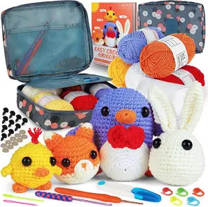 Crochet Kit for Beginners Kids Adults - Cute Penguin, Chicken, Rabbit & Fox, Complete Crochet Set with 4 Different Crochet Patterns, DIY Amigurumi Kit Crochet Animal Kit with Case & Instruction