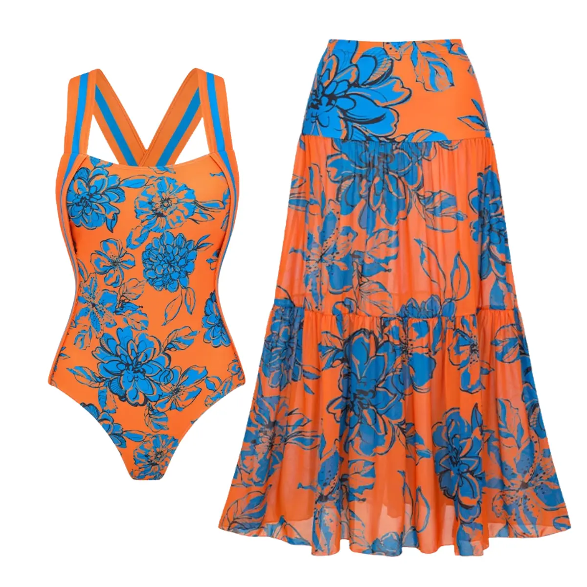 FLAXMAKER Women's Orange & Blue Color Block Blossom Print Bandeau 1-Piece Swimsuit with Matching Cover Skirt Set, Stylish Beach Vacation Swimwear Summervibes #SwimWeek summerwins swim dress woman swimweek dealsforyoudays beachwear swimdress bathing