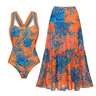 FLAXMAKER Women's Orange & Blue Color Block Blossom Print Bandeau 1-Piece Swimsuit with Matching Cover Skirt Set, Stylish Beach Vacation Swimwear Summervibes #SwimWeek summerwins swim dress woman swimweek dealsforyoudays beachwear swimdress bathing tiktok