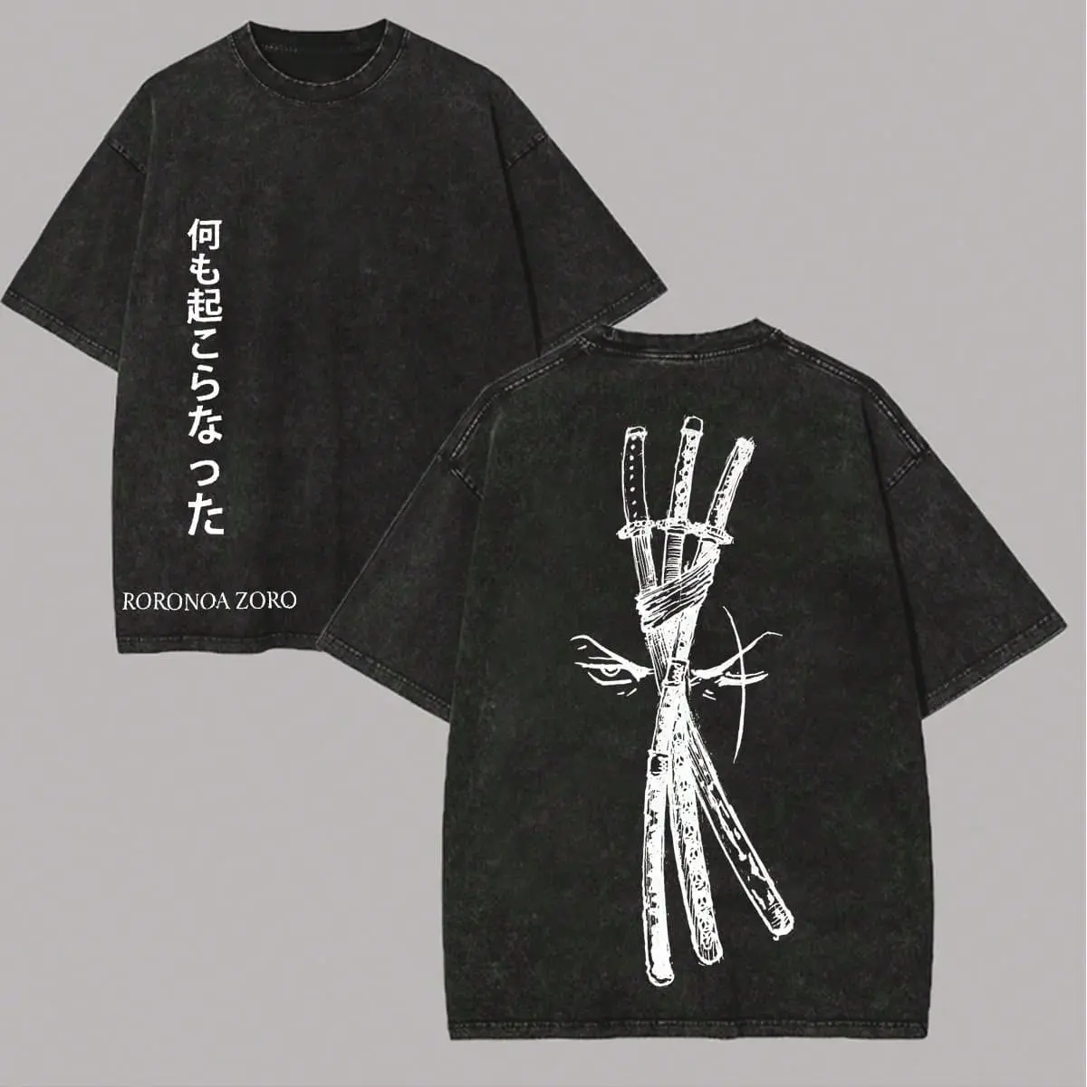 One Piece Roronoa Zoro Nothing Happened Japanese Quote Vintage Washed Black Oversized T-Shirt Streetwear