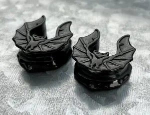 PAIR of Unique Black Bat Saddle Gothic Ear Spreader Surgical Steel Tunnels/Plugs - Gauges 0g (8mm) through 1" (25mm)