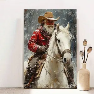Retro Cowboy Santa On White Horse Canvas Art - Western Christmas Wall Decor, Holiday Home Decoration, Western Style Interior Design, Seasonal Decor, Spray Paint Art, Highquality Print, Festive Artwork, Rustic Decor Lovers, 2D Flat