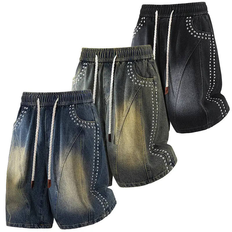 Menswear 5" Cotton Denim Shorts for Men - Stylish American Streetwear, Gradient Wash, Studded, Elastic Drawstring Mid Waist, Straight Leg, Vintage Distressed, Breathable Premium Bottoms, Foldable Workwear, Summer Daily Wear, Father's Day Gift, Chic Casual