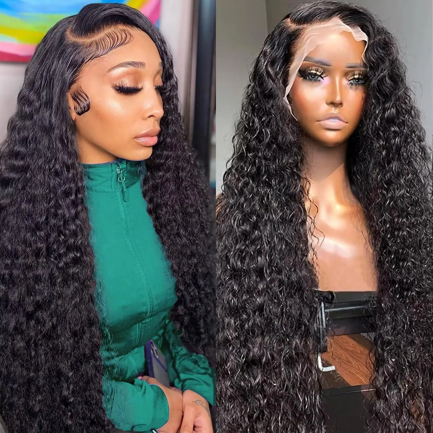 13x6 HD Lace Front Wigs Human Hair 180% Density, Glueless Wear and Go Wigs for Women, Deep Wave Water Wave Kinky Curly Burmese Curly Lace Frontal Wig with Drawstring