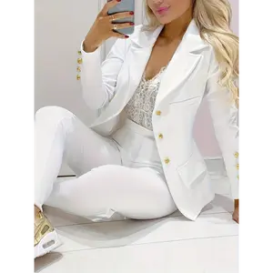 Business Casual Two-piece Set, Double-breasted Lapel Blazer & Slim Pants Outfits, Women's Clothing