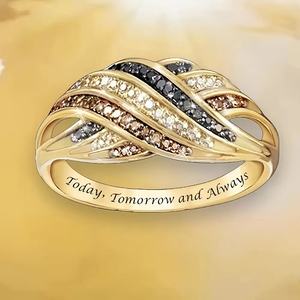 Ladies' Vintage Golden-Plated 3-Colour Intertwined Rhinestone Ring - Exquisite Luxury Casual Costume Jewelry, Ideal Gift for Birthdays, Valentine's Day, Rings