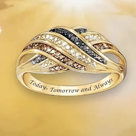 Ladies' Vintage Golden-Plated 3-Colour Intertwined Rhinestone Ring - Exquisite Luxury Casual Costume Jewelry, Ideal Gift for Birthdays, Valentine's Day, Rings