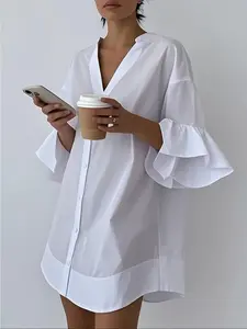 Women's Casual Fashion Long Sleeve Shirt Blouses, Stand Collar Button Front, Pleated Bell Sleeves, Breathable Lightweight Fabric