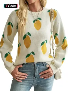 Lemon Print Pullover Sweater, Lazy Style Loose Round Neck Knitwear, Soft Long Sleeve Jumper, Unique Design Casual Everyday Top for Women