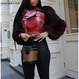 Women's patchwork jacket, crocodile pattern sleeves, zipper design, casual biker style, suitable for all seasons, fashionable and luxurious appearance