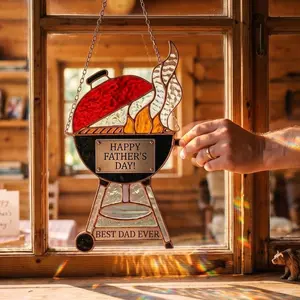 Happy Father's Day Suncatcher, BBQ Grill Stained Glass Art for Dad, Best Dad Ever Gift, Kettle Grill Decor, Cabin Gift