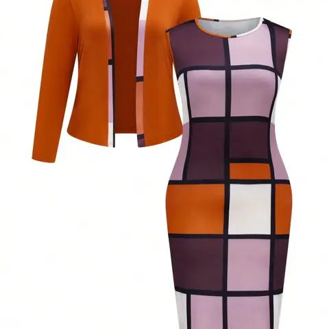 Women's Plus Size Plaid Long Sleeve Jacket & Round Neck Sleeveless Chic Dress Set, Outfit Everyday Comfortable Casual Clothes for Women, Plus Size Outfits, Womenswear