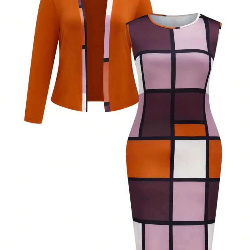 Women's Plus Size Plaid Long Sleeve Jacket & Round Neck Sleeveless Chic Dress Set, Outfit Everyday Comfortable Casual Clothes for Women, Plus Size Outfits, Womenswear