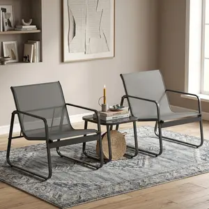 3 Piece Grey Iron Patio Furniture Set, Outdoor Conversation Bistro Set with Tempered Glass Table and 2 Solid Back Chairs, Rust Proof Frame Adjustable Non-slip Feet, Lightweight Portable Leisure Furniture for Garden Balcony Pool Backyard Camping Decor