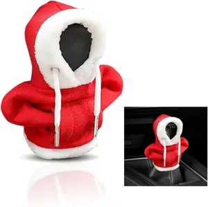 Christmas Car Shift Knob Hoodie Cover, Christmas Style Hoodie Winter Warm Car Shift Cover Shifter Hoodie Protector, Universal Shift Knob Cover Car Interior Decoration Accessories (Red)