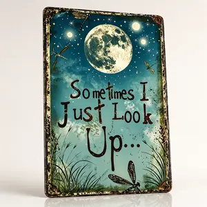 Vintage Distressed Aluminium 8x12 in "Look Up At Stars" Metal Sign, Retro Home Decor Plaque with Moon & Dragonfly Design, Nature-Inspired Indoor Home Accent