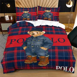 Checkered teddy bear print pattern duvet cover set, including 1 duvet cover and 1 or 2 pillowcases, without a core or pillow, suitable for bedroom or dormitory bedding set, suitable for gift giving or personal use, Bed Sets Supplies
