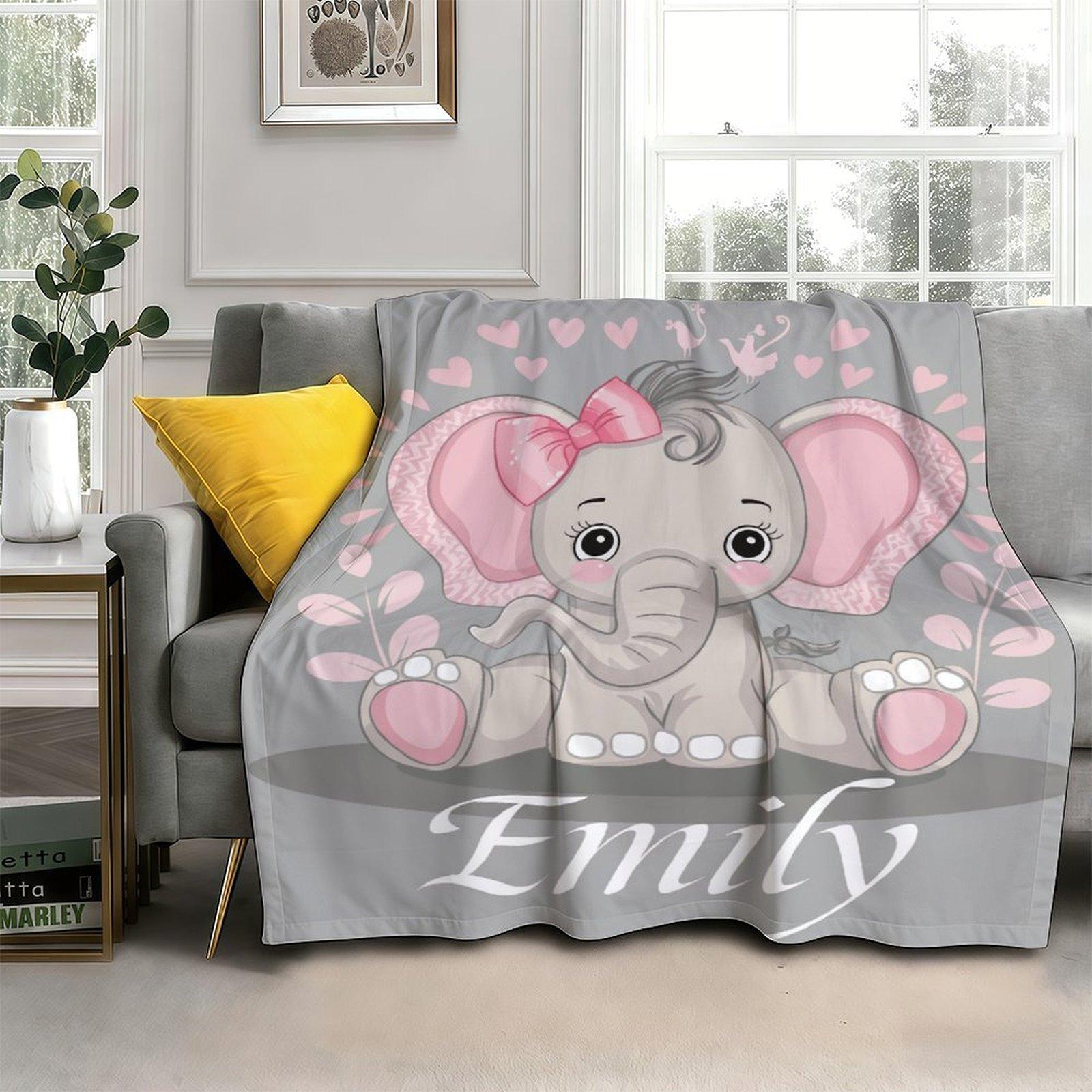 Custom Name Cute Elephant  Blanket ,Personalized Name Gift ,Suit for The Sofa, Bed, Travel, Camping, Living Room, Office, Chair，Gifts for Family or Child  ,Friend , Send your custom text via shop chat to personalize