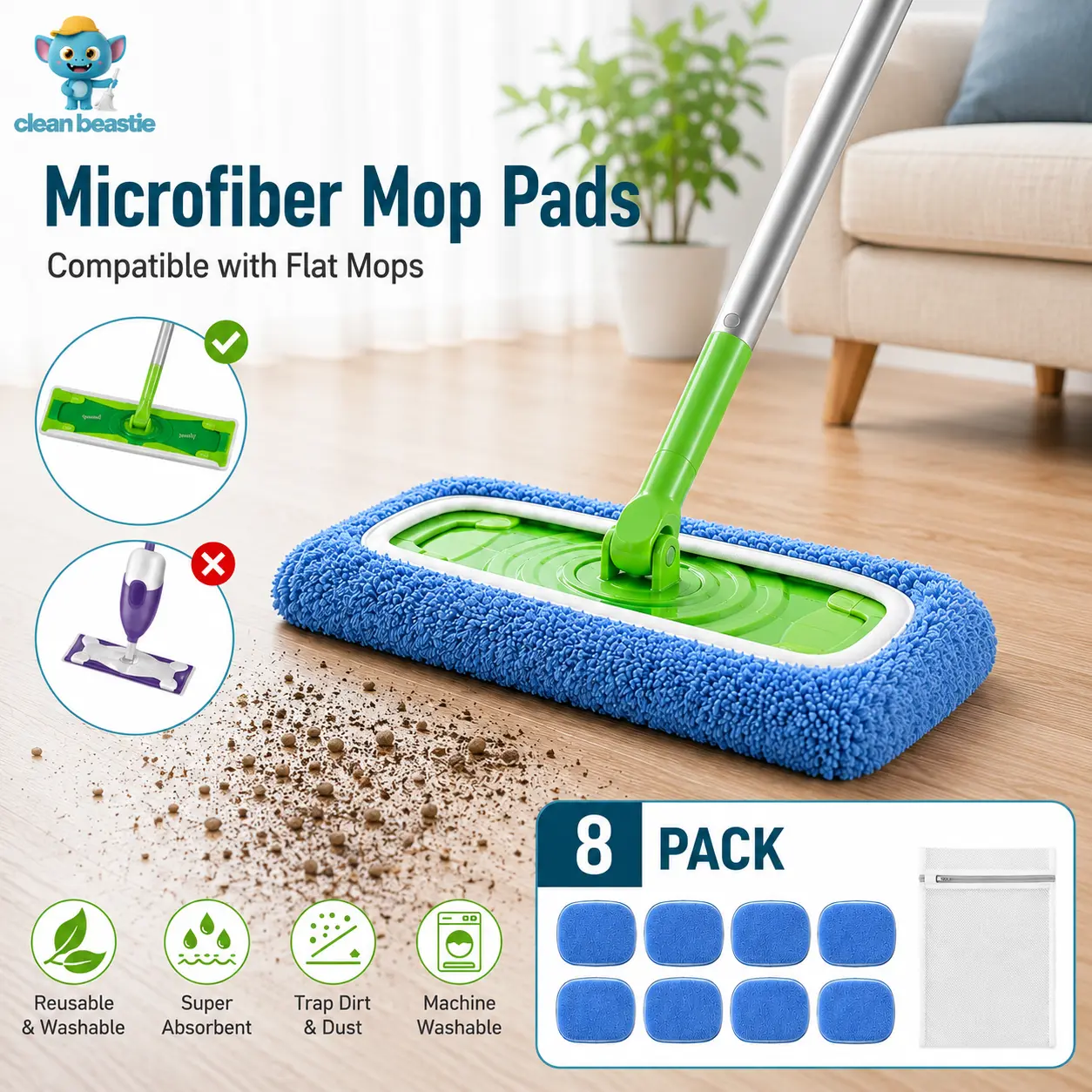 Reusable Mop Pads Compatible with Swiffer Sweeper Mop, Microfiber Dry Sweeping Cloths & Machine Washable Wet Pads Refill for Use on All Sealed Floors - Stone, Hardwood, Laminate & Tile (8 Blue)