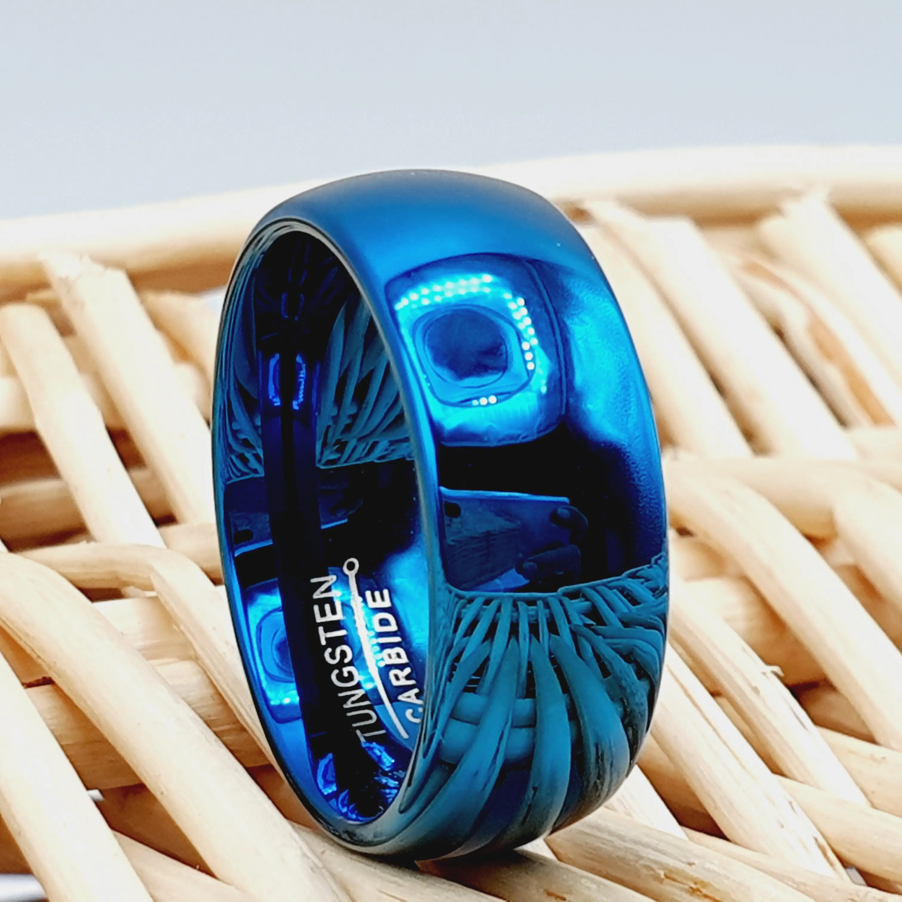 Mens Blue Tungsten Ring, Wedding Band, Womens Engagement Ring, Thick Cigar Thumb Wedding Ring