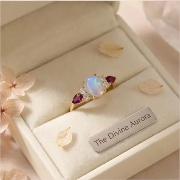 Ethereal Opal & Rhodolite Garnet Ring - 18K Gold Vermeil over 925 Sterling Silver | Vintage Gemstone Statement Ring for Women | The Divine Aurora