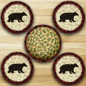 212 MAIN Round Tableware Coasters - Eco-Friendly 5-Piece Natural Jute Hand Stencil Set, 29-CB395CB Earth Rugs Coasters in a Basket (Kitchenware/Bar Utensils Accessory), Round Coaster
