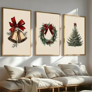 3pcs Christmas Tree Canvas Poster Art Print, Wood Frame Snowy Pine Bell Wall Painting, Living Room Decoration Gift, Wooden Wall Art