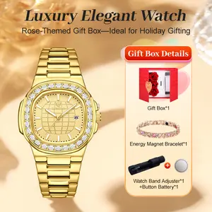 Fashion Women's Luxury Elegant Quartz Watch (Rose-Themed Gift Box Set) - Crystal Dial with Date, Waterproof & Scratch-Resistant, Adjustable for All Occasions | Includes Diamond Alloy Bracelet & Watch Adjuster (Ideal Holiday Gift)