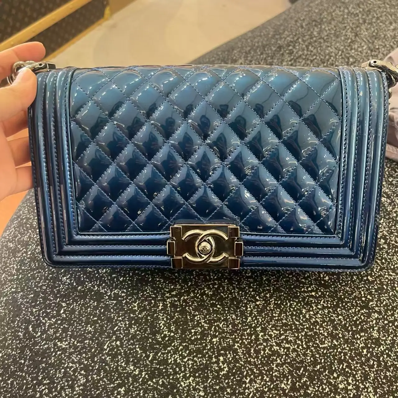 Pre-owned CHANEL Boy Bag, metallic blue patent quilted flap, chain crossbody
