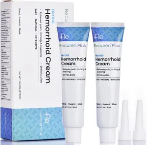 Recuren Plus Herbal Hemorrhoid Cream - Natural Piles Treatment with 6 Nozzles, 1 oz x 2 Pack, Soothes Burning, Itching & Discomfort, Shrinks Piles - Blend