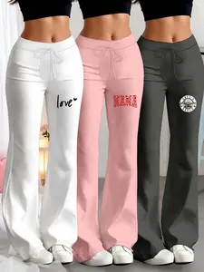 Women's Fashion Wide Leg Pants Set, Valentine's Day Print, Casual Yoga Sport Flared Leggings, All Seasons Wear, Drawstring Waist, Casual Comfy Sporty